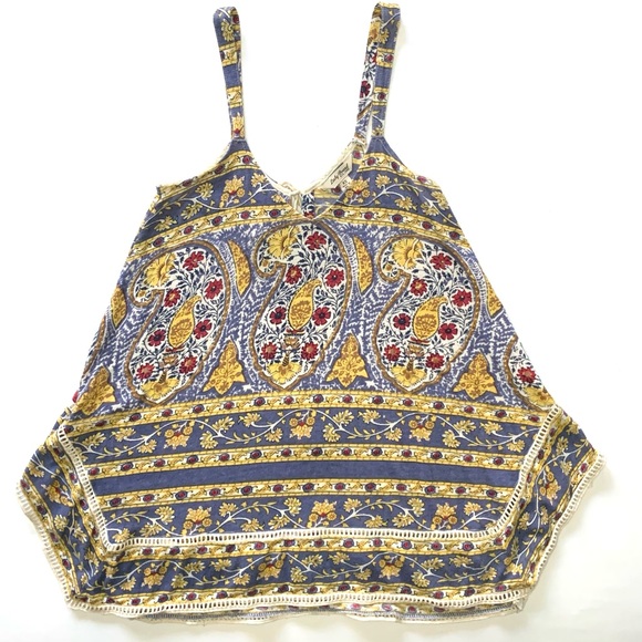 Lucky Brand Allover Print Handkerchief Hem Woodblock Sleeveless Top - Picture 3 of 8